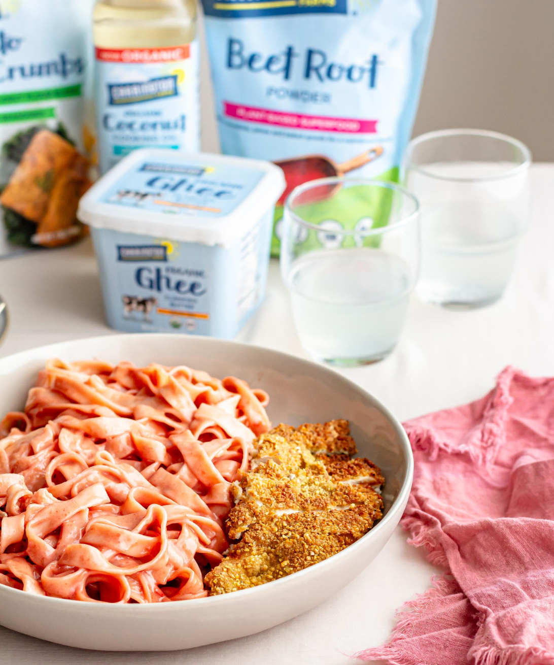 Keto Beet Alfredo and Crispy Chicken 