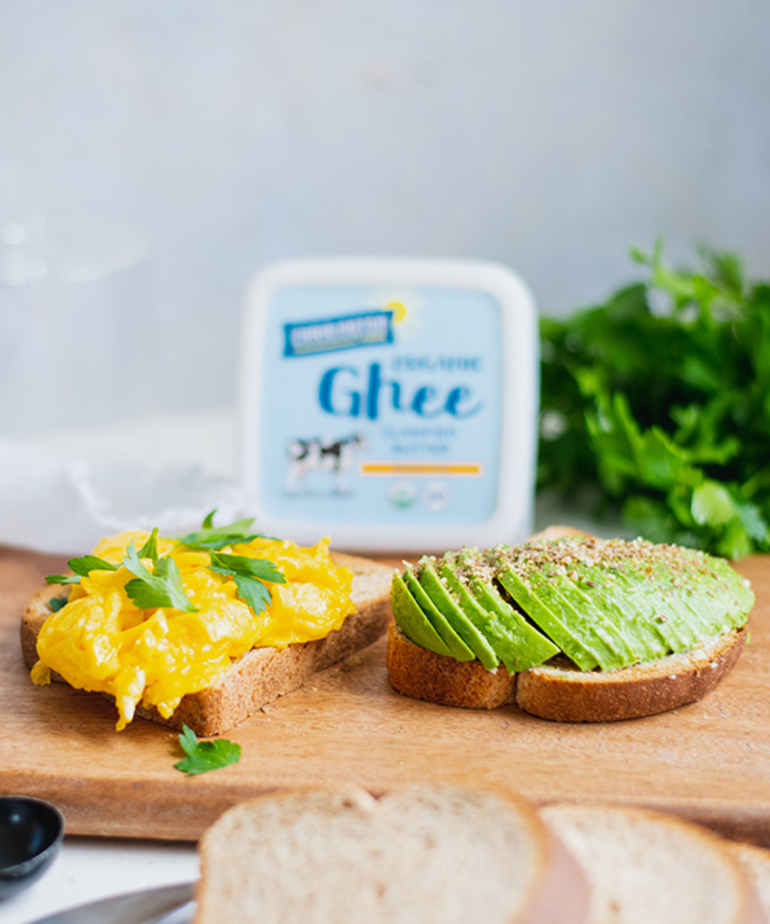 Carrington Farms Ghee Avocado Toast with Scrambled Eggs