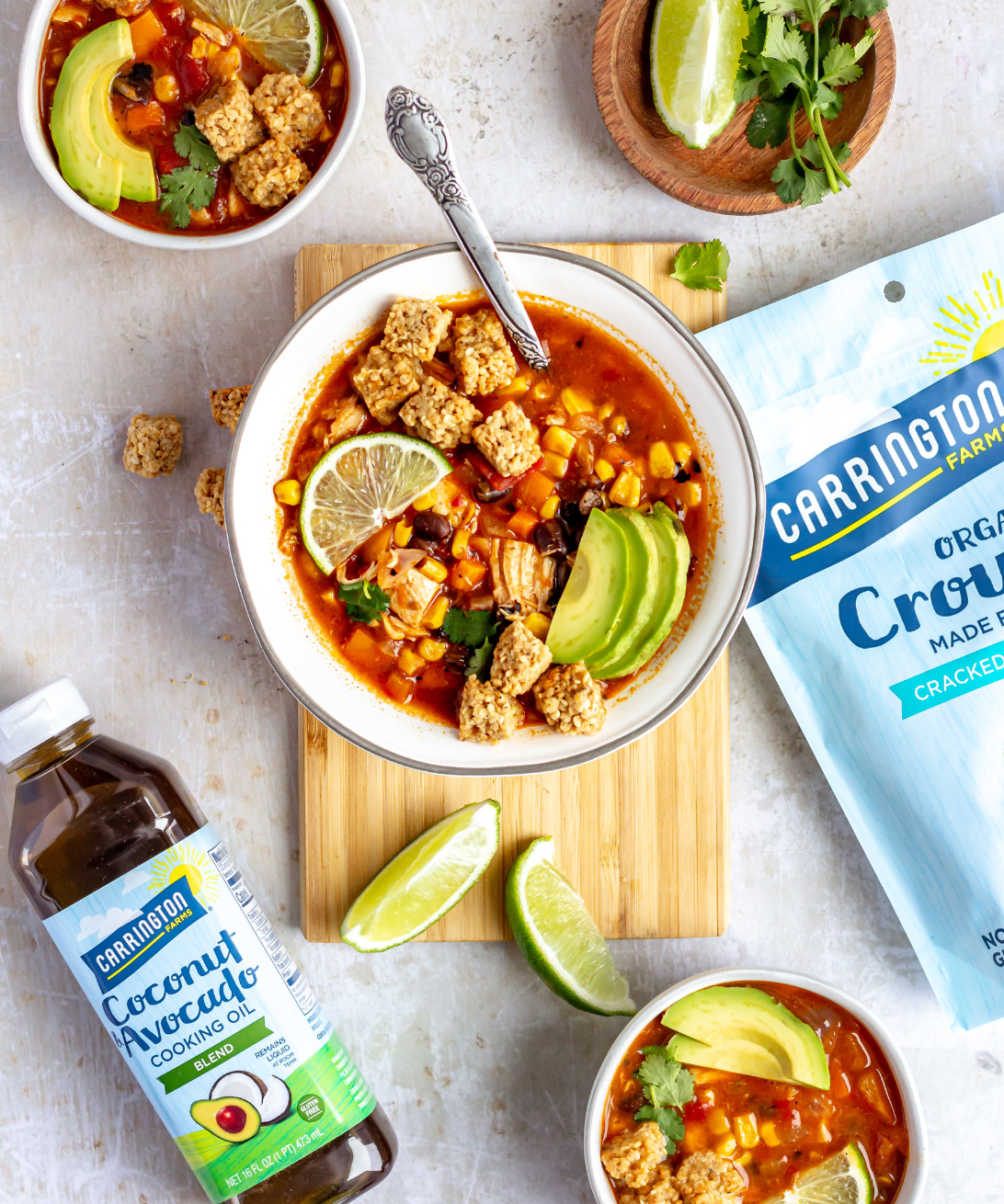 Skinny Chicken Taco Soup with Black Pepper and Sea Salt Crounons