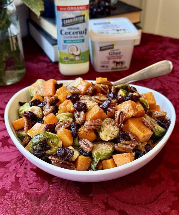Oven Baked Butternut Squash and Brussels Sprouts with Candied Pecans