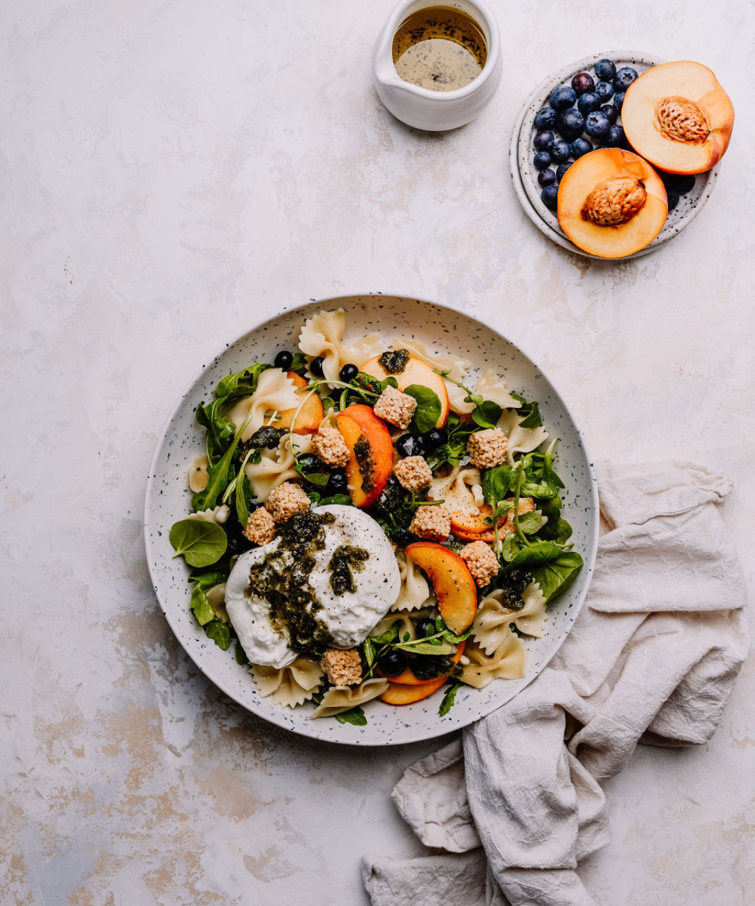 Peach, Tomato, Corn, and Crounon Pasta Salad
