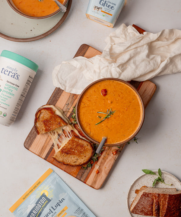 Protein Tomato Soup with Grilled Cheese